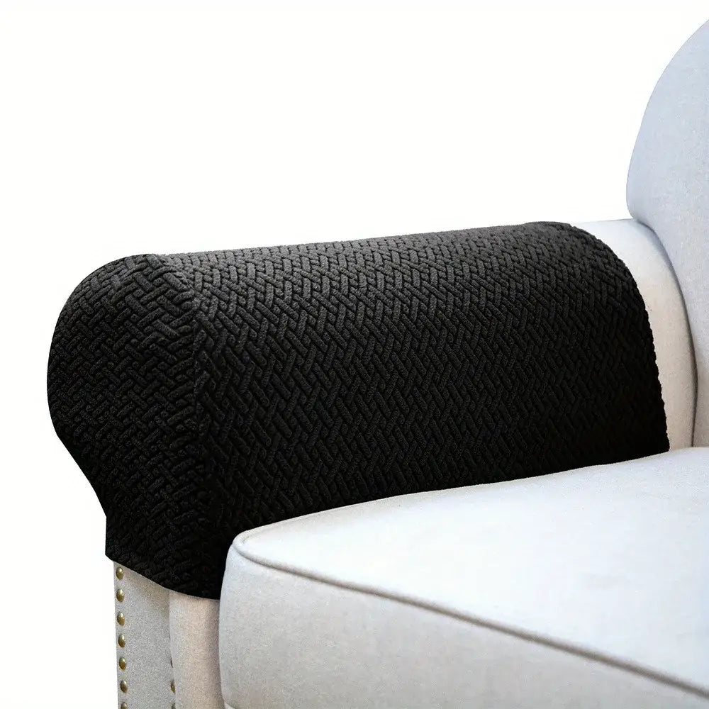 Black textured sofa armrest cover with woven herringbone pattern made of knit fleece for living room set