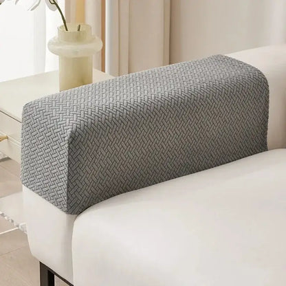 Gray knit fleece sofa backrest cover with woven herringbone pattern for living room armrest set back side view