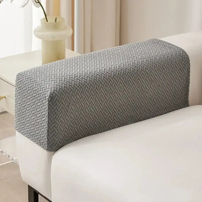 Gray knit fleece sofa backrest cover with woven herringbone pattern for living room armrest set back side view