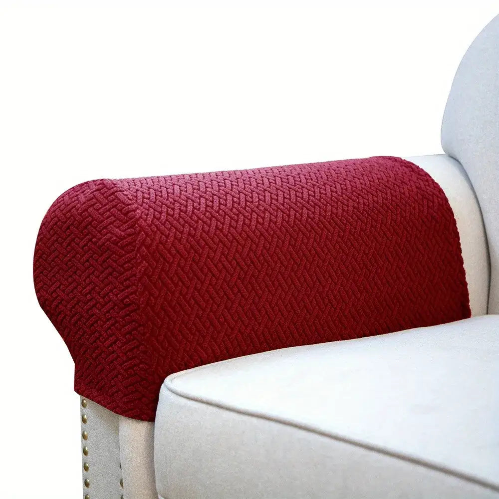 Red textured knit fleece armrest cover with herringbone knit pattern for living room sofa set protection