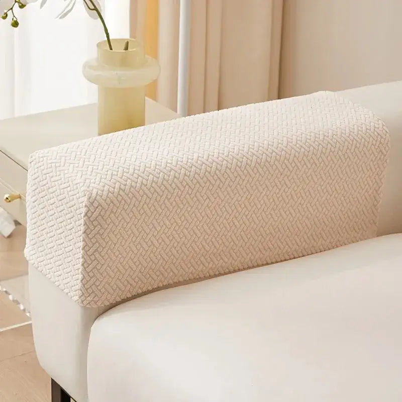 Beige fleece herringbone weave sofa backrest cover with textured fabric for living room armrest protection