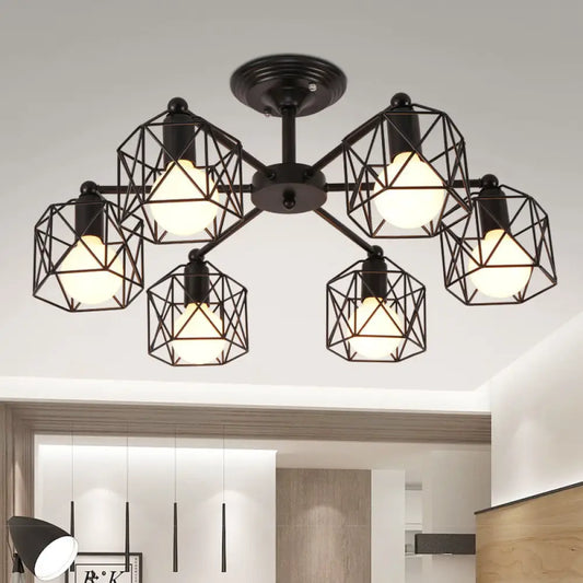 DecorBites™ DecorBites™ Hexagon Cage Metal Semi-Flush Mount Ceiling Light in Vintage Style - 6/8/10 Heads - Black