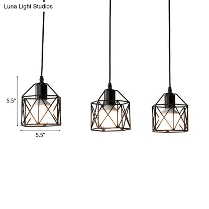 Hexagon Kitchen Ceiling Fixture - Wire Cage Pendant Light with Farmhouse Style, Metallic Finish - 3 Bulbs, Black