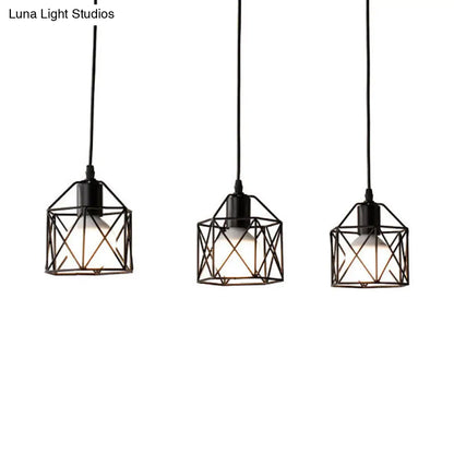 Hexagon Kitchen Ceiling Fixture - Wire Cage Pendant Light with Farmhouse Style, Metallic Finish - 3 Bulbs, Black