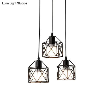 Hexagon Kitchen Ceiling Fixture - Wire Cage Pendant Light with Farmhouse Style, Metallic Finish - 3 Bulbs, Black