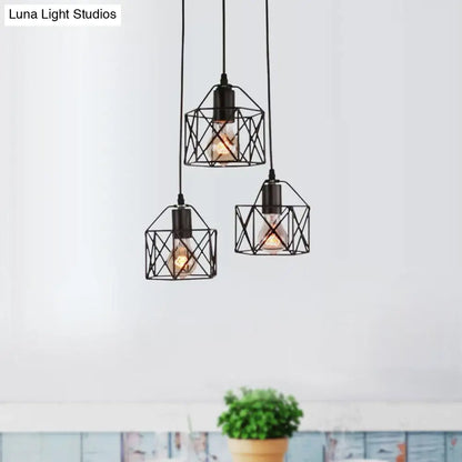 Hexagon Kitchen Ceiling Fixture - Wire Cage Pendant Light with Farmhouse Style, Metallic Finish - 3 Bulbs, Black