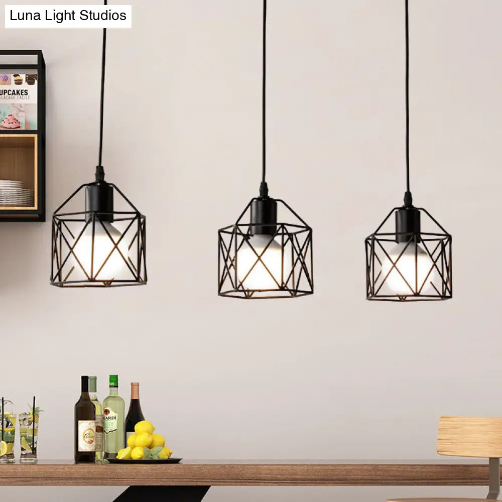 Hexagon Kitchen Ceiling Fixture - Wire Cage Pendant Light with Farmhouse Style, Metallic Finish - 3 Bulbs, Black