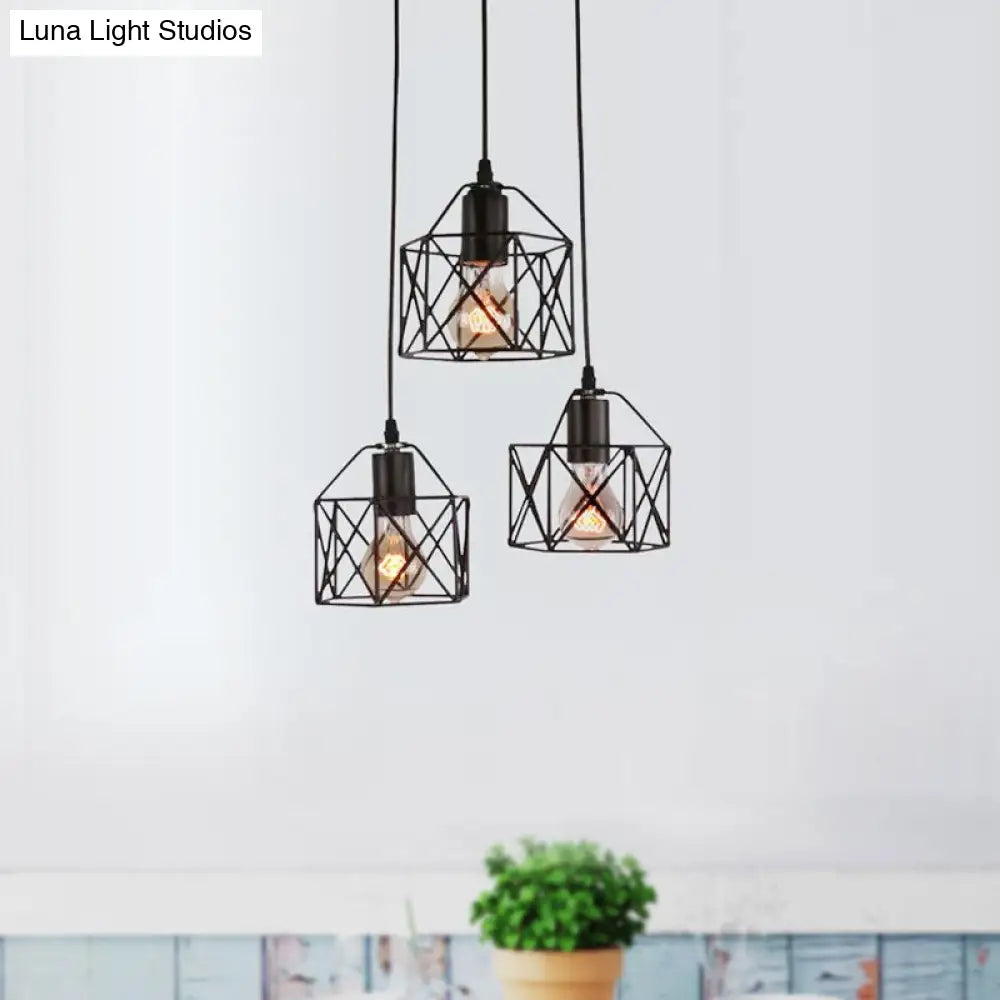 Hexagon Kitchen Ceiling Fixture - Wire Cage Pendant Light with Farmhouse Style, Metallic Finish - 3 Bulbs, Black