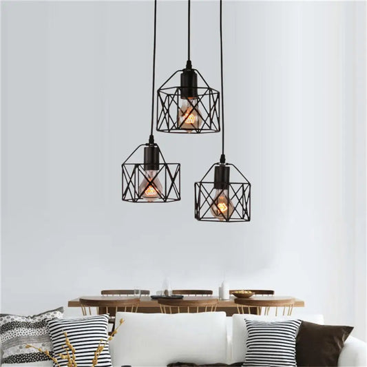 Hexagon Kitchen Ceiling Fixture - Wire Cage Pendant Light with Farmhouse Style, Metallic Finish - 3 Bulbs, Black