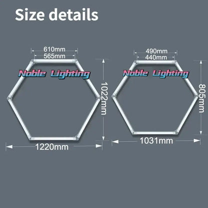 Two metal hexagon led car detailing light frames in silver by noble lighting, sized 1220mm and 1031mm wide, decorbites hexagon led