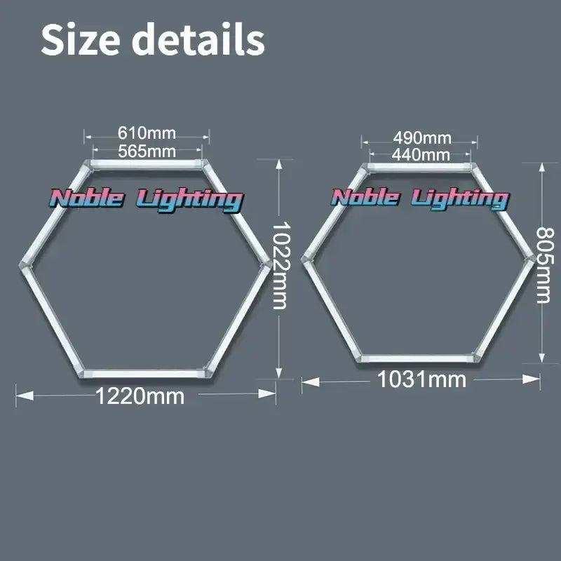 Two metal hexagon led car detailing light frames in silver by noble lighting, sized 1220mm and 1031mm wide, decorbites hexagon led