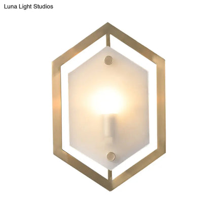 DecorBites™ Hexagon Sconce Lighting: Postmodern Metallic 1-Bulb Brass Wall Lamp with Translucent Glass Shade