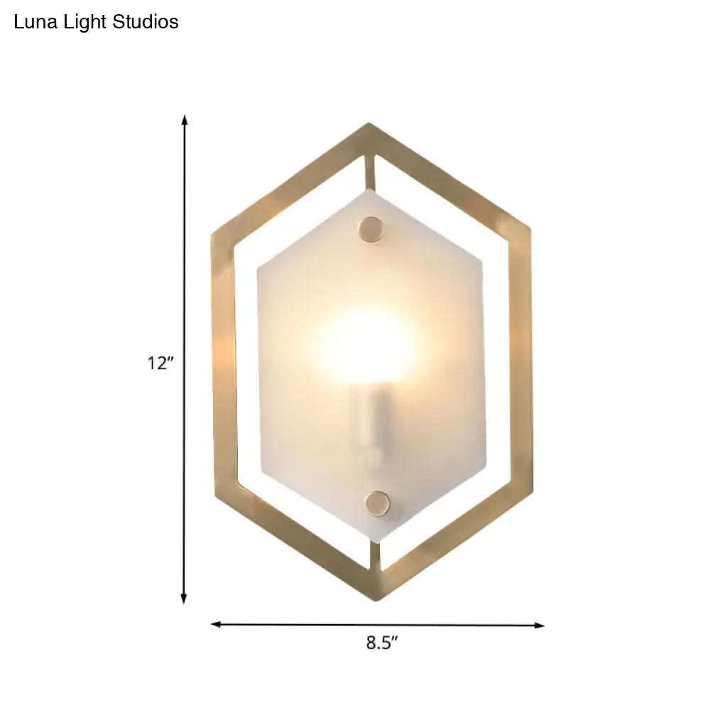 DecorBites™ Hexagon Sconce Lighting: Postmodern Metallic 1-Bulb Brass Wall Lamp with Translucent Glass Shade