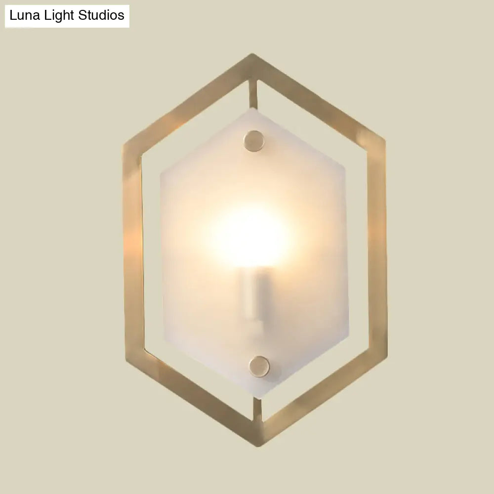 DecorBites™ Hexagon Sconce Lighting: Postmodern Metallic 1-Bulb Brass Wall Lamp with Translucent Glass Shade