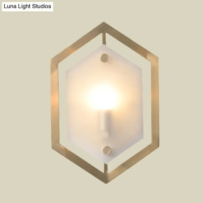 DecorBites™ Hexagon Sconce Lighting: Postmodern Metallic 1-Bulb Brass Wall Lamp with Translucent Glass Shade