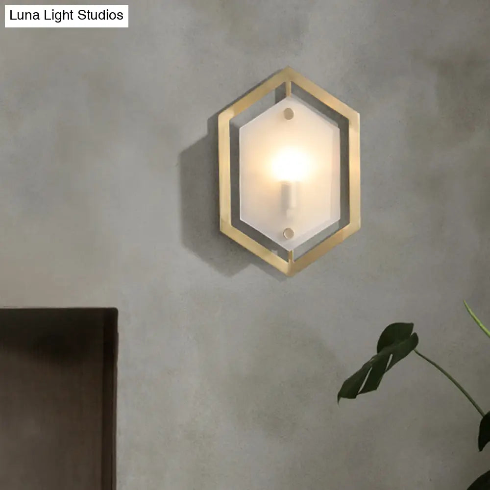 DecorBites™ Hexagon Sconce Lighting: Postmodern Metallic 1-Bulb Brass Wall Lamp with Translucent Glass Shade