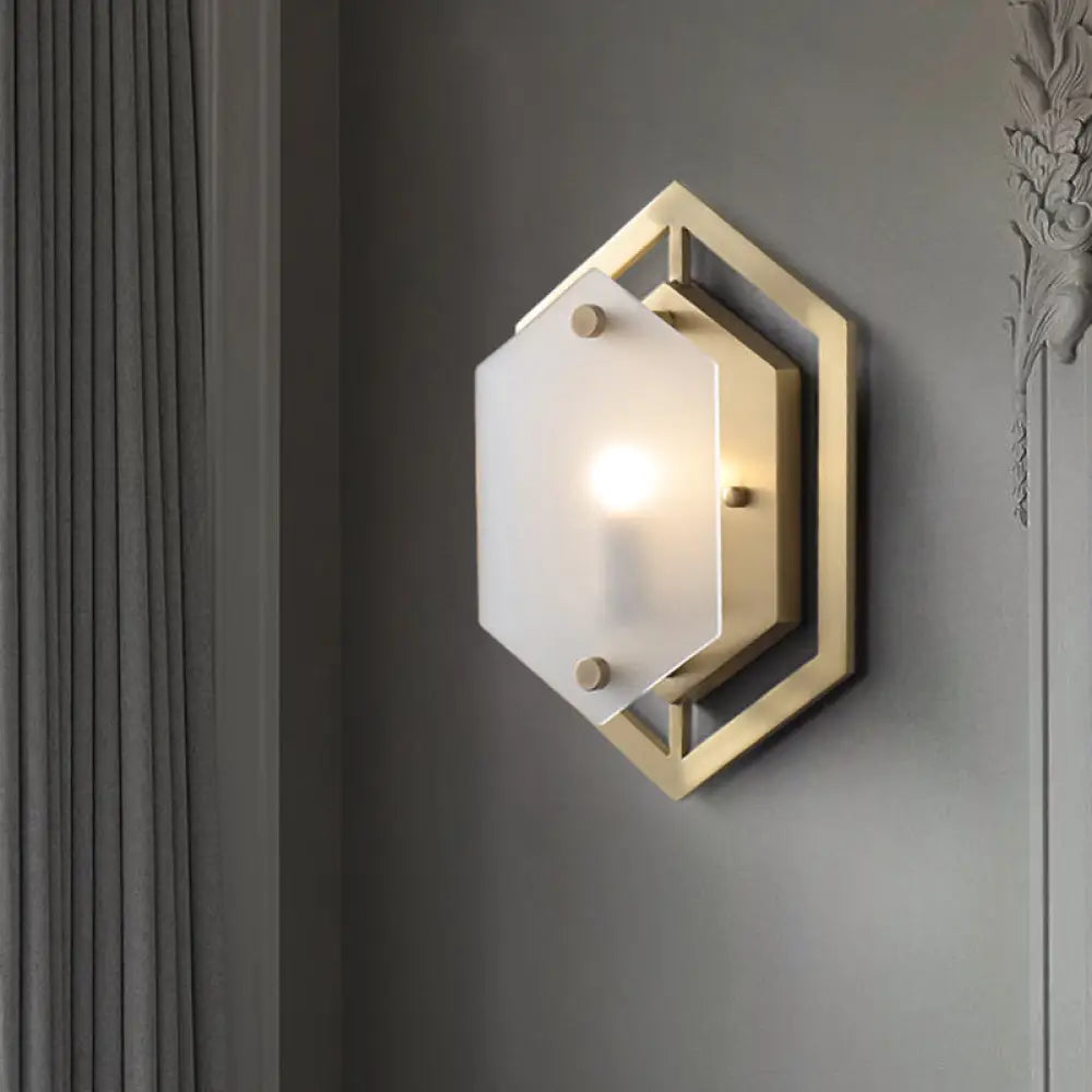 DecorBites™ Hexagon Sconce Lighting: Postmodern Metallic 1-Bulb Brass Wall Lamp with Translucent Glass Shade