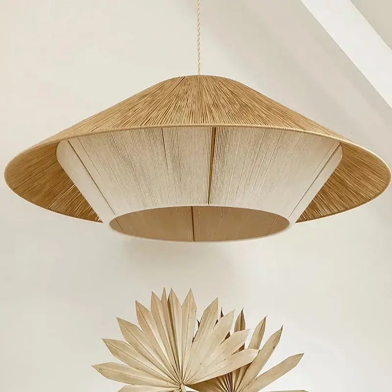 Beige woven pendant lights with hexagonal bamboo hemp rope rattan shade featuring subtle vertical ridges for dining room decorbites hemp rope