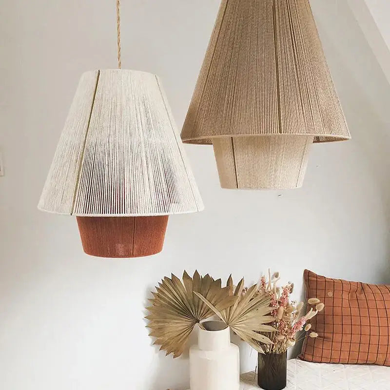 Two hexagonal bamboo hemp rope rattan pendant lights in cream and natural beige perfect for dining room decorbites hemp rope