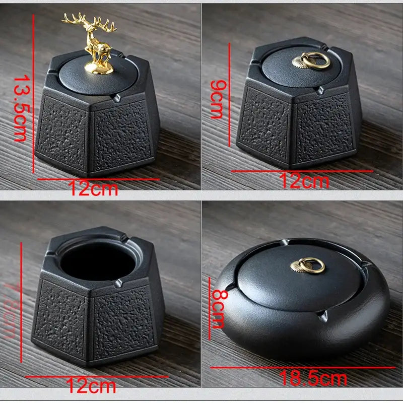 Hexagonal black pottery ashtray with textured surface and gold deer lid for living room decorbites black pottery