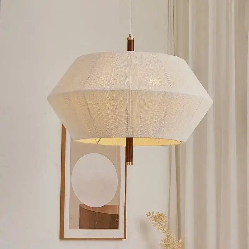 Cream hexagonal pendant light with woven hemp rope rattan shade and wooden accents for dining room decorbites hemp rope