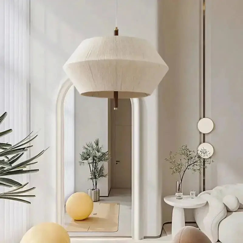 Hexagonal cream hemp rope rattan pendant light with a geometric dome and brass hardware for dining room decorbites hemp rope