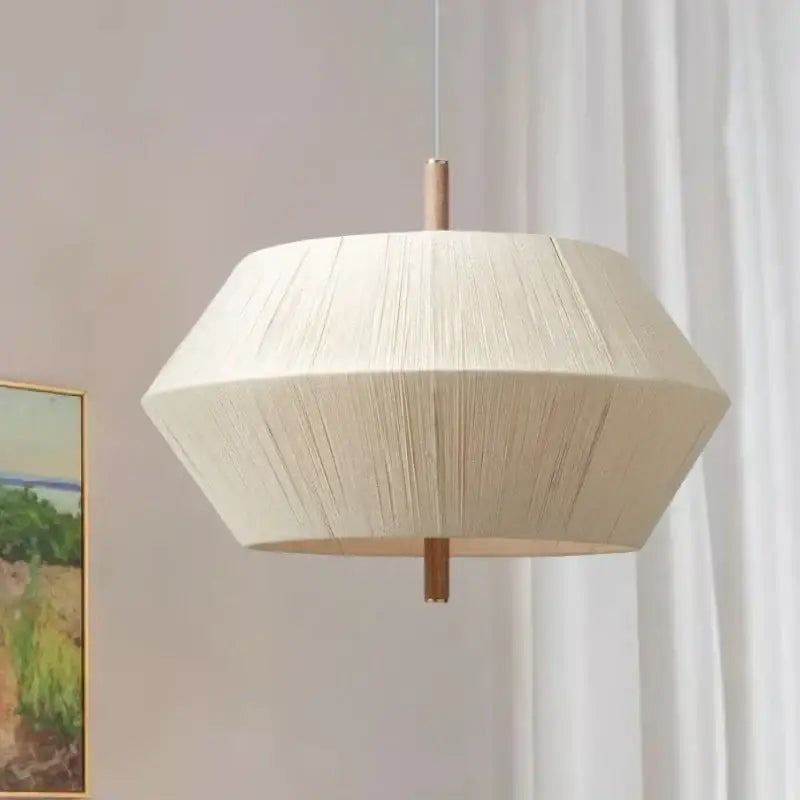 Hexagonal cream pendant light with hemp rope rattan and wooden accents for dining room decorbites hemp rope design