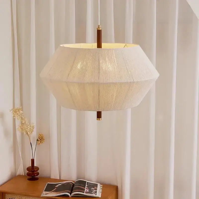 Beige hexagonal pendant light with hemp rope rattan shade and wooden accents for dining room decorbites hemp rope