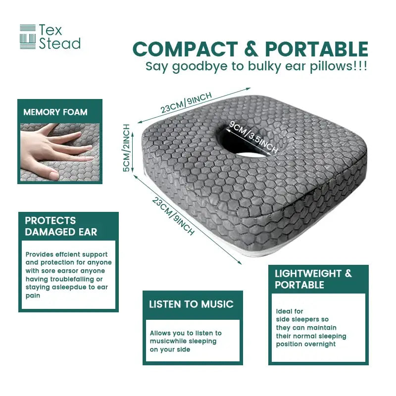 Hexagonal gray ear guard pillow memory foam seat cushion with central cutout for side sleeping ultimate comfort