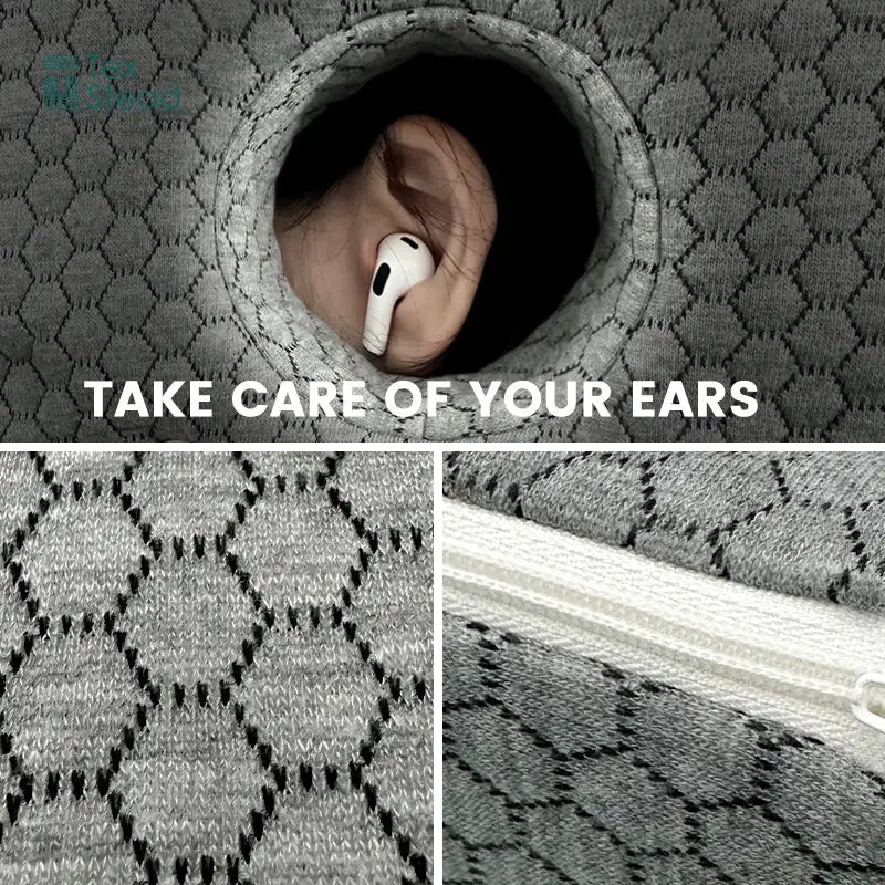 White wireless earbud nestled in gray hexagonal-knit fabric pocket of ear guard pillow for ultimate comfort