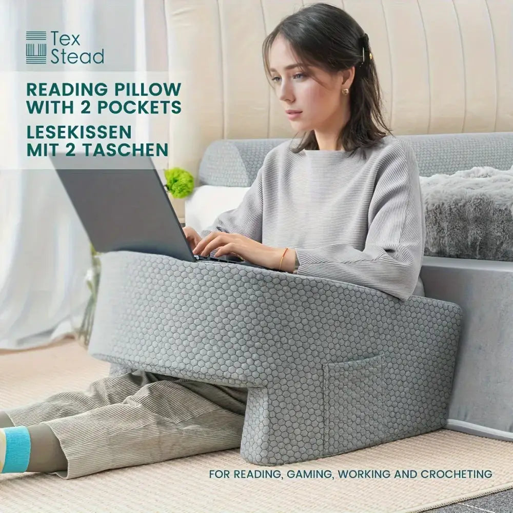 Gray hexagonal-textured gaming arm rest pillow with two side pockets for bedroom reading and decorbites gaming arm use