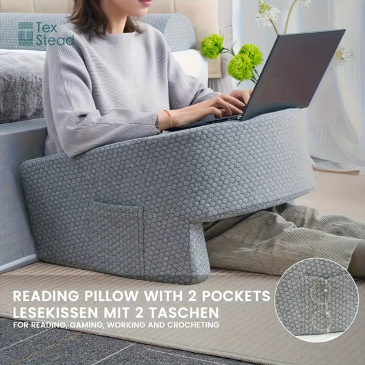 Gray hexagonal-patterned arm rest pillow with two pockets designed for comfort in reading gaming or working decorbites gaming arm