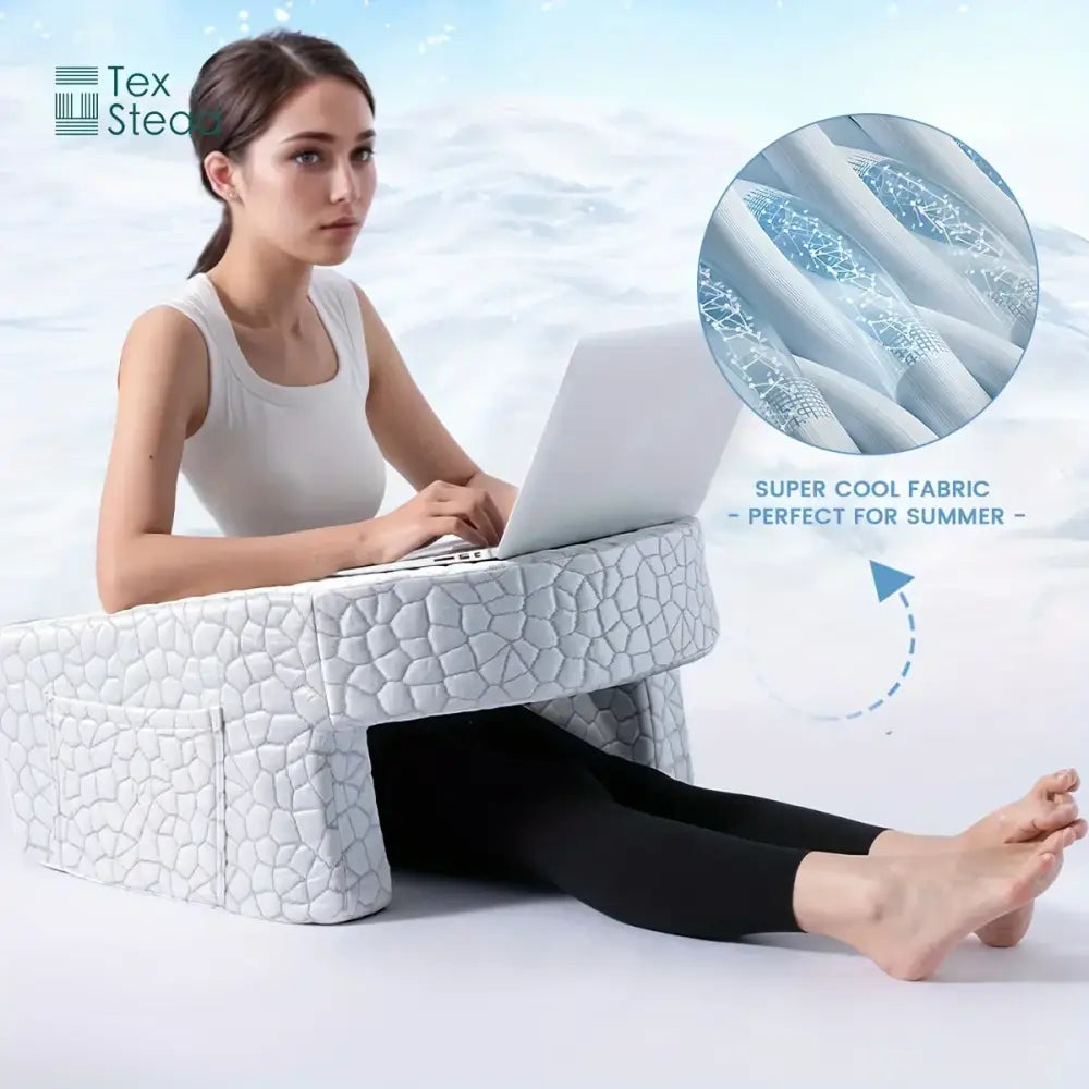 White textured fabric laptop stand with cooling mesh design for decorbites gaming arm rest pillow use