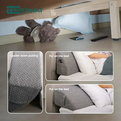 Gray hexagonal-patterned textile bed headboard pillow wedge with bedroom storage pocket from texstead