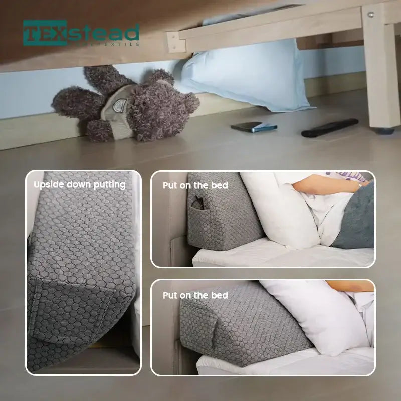 Gray hexagonal-patterned textile bed headboard pillow wedge with bedroom storage pocket from texstead