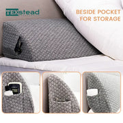 Gray hexagonal-patterned pillow wedge with side storage pocket designed as a bed headboard pillow wedge