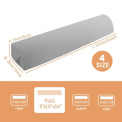 Hexagonal gray textured headboard pillow wedge with storage pocket showing dimensions for twin full queen and king beds