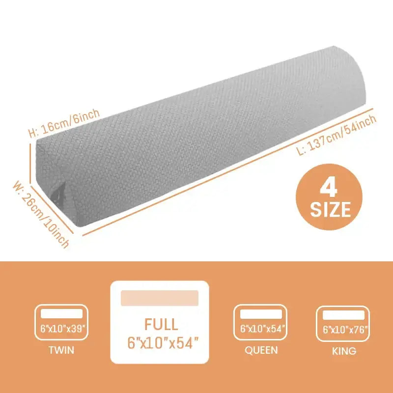 Hexagonal gray textured headboard pillow wedge with storage pocket showing dimensions for twin full queen and king beds