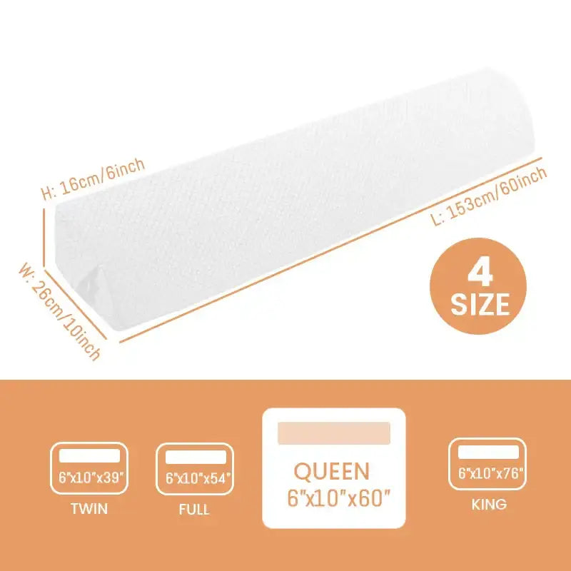 White plush memory foam pillow wedge designed as a queen bed headboard pillow with hexagonal gray cover and storage pocket