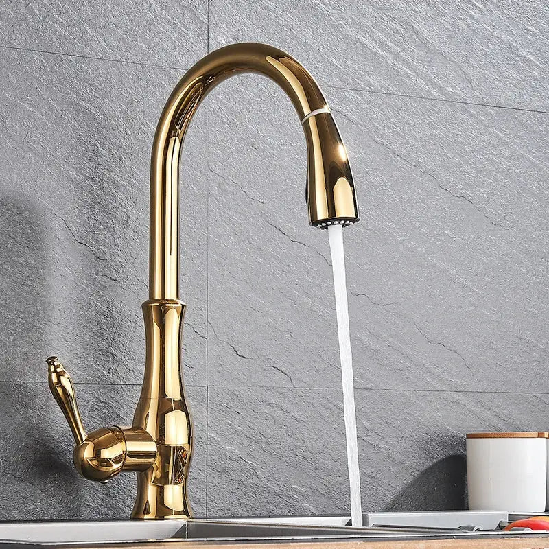 High arch gold brass kitchen faucet with pull out sprayer featuring a sleek curved spout for decorbites brass kitchen use