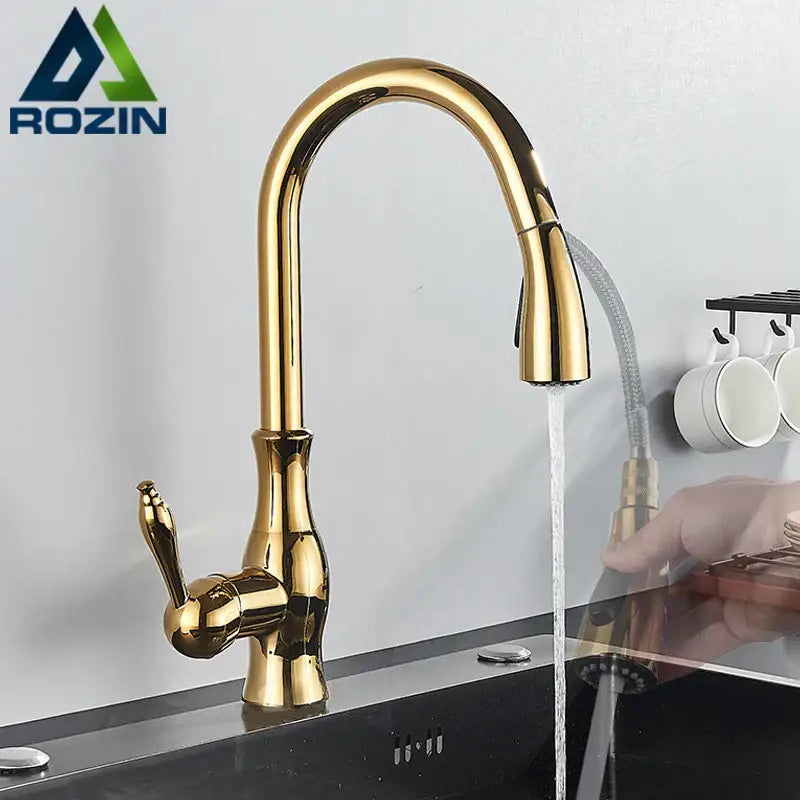 High arch gold brass kitchen faucet with pull out sprayer and curved spout for decorbites brass kitchen use