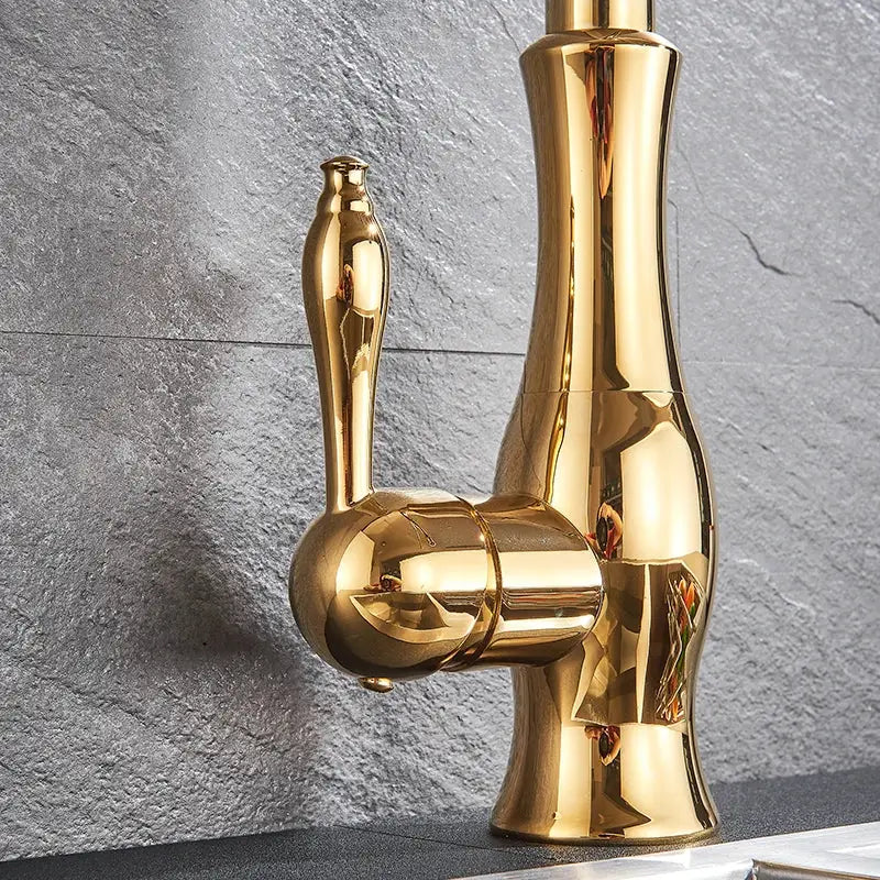 High arch gold brass kitchen faucet with pull out sprayer featuring a polished brass kitchen faucet design by decorbites