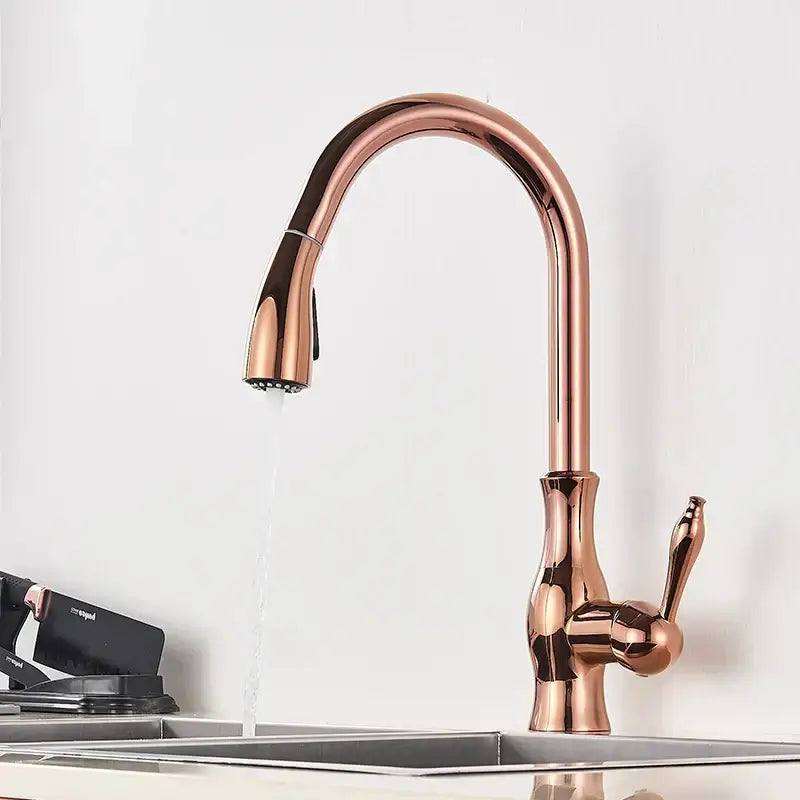 High arch rose gold brass kitchen faucet with sleek curved spout and pull-down spray head by decorbites brass kitchen