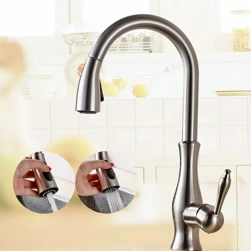 Stainless steel kitchen faucet with a high arch gold brass design and pull-down spray head from decorbites brass kitchen