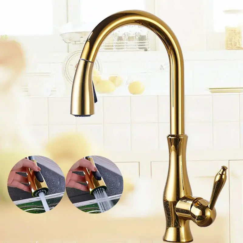 High arch gold brass kitchen faucet with sleek curved spout and pull out sprayer from decorbites brass kitchen collection