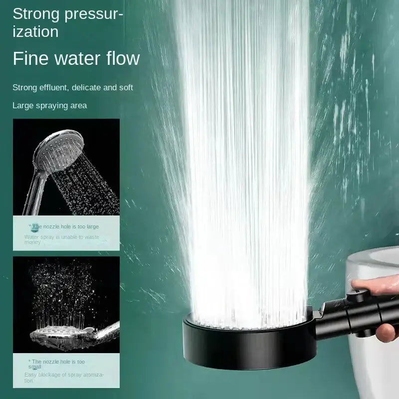 High pressure black round shower head by decorbites with a wide cylindrical nozzle emitting fine water flow