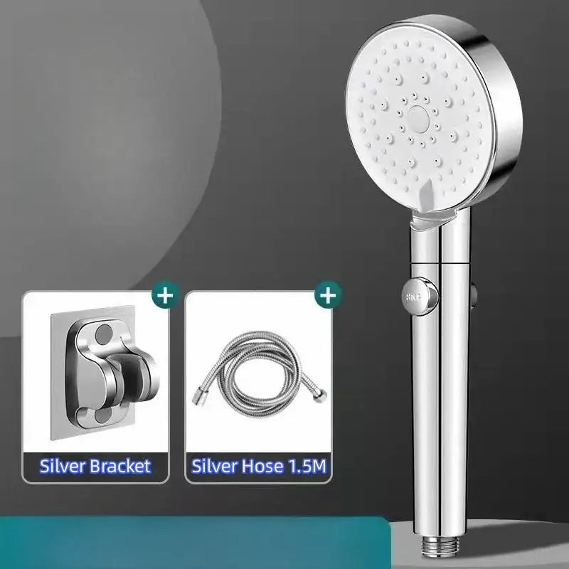 Shiny chrome shower head with high pressure nozzles and control knob in decorbites black round bathroom design