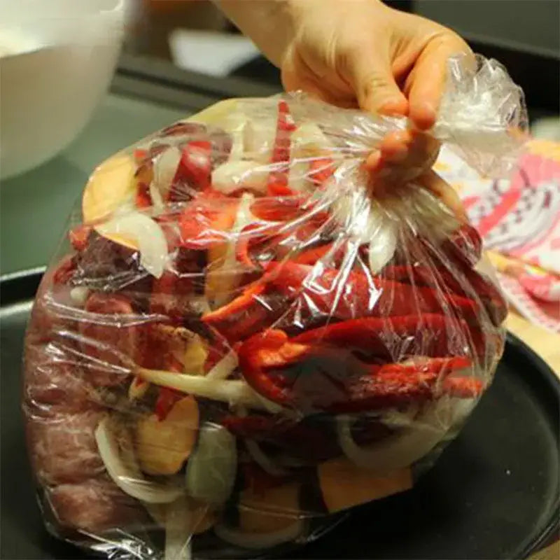 High temp baking bags 20 piece kitchen tool set clear plastic bag with sliced red peppers onions and meat for cooking