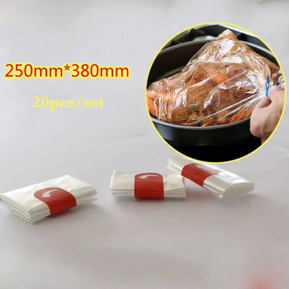 Clear plastic high temp baking bags with red elastic bands packaged in sets of 20 kitchen tool set
