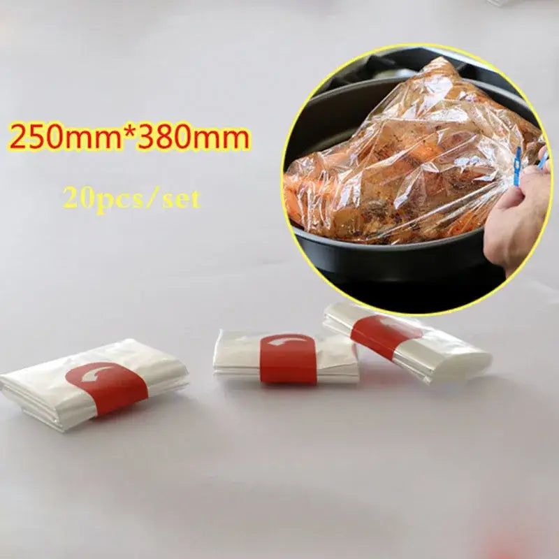 Clear plastic high temp baking bags with red elastic bands packaged in sets of 20 kitchen tool set